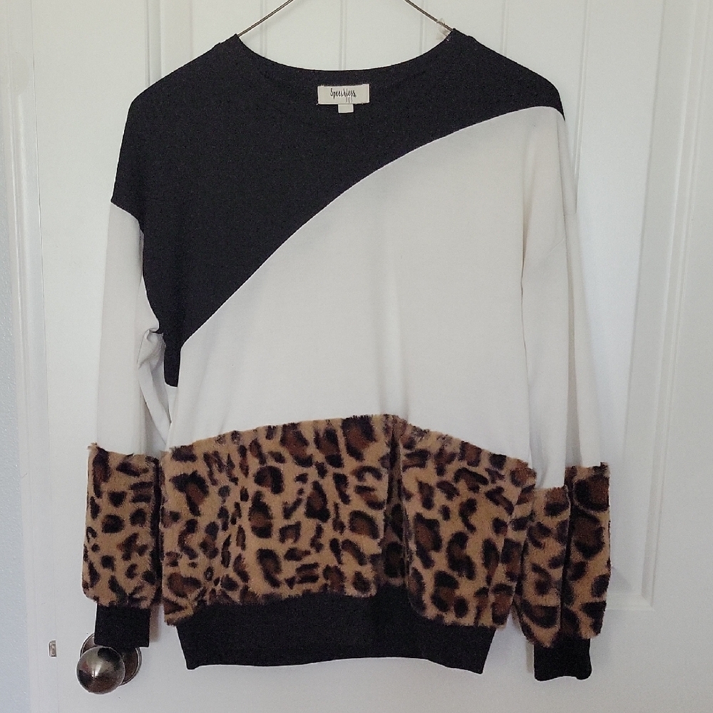 Speechless Black and White Sweater with Leopard Print